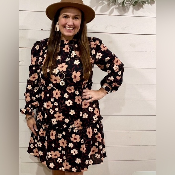 LuLaRoe Black and Pink Floral Long Sleeve Dress - Picture 1 of 7